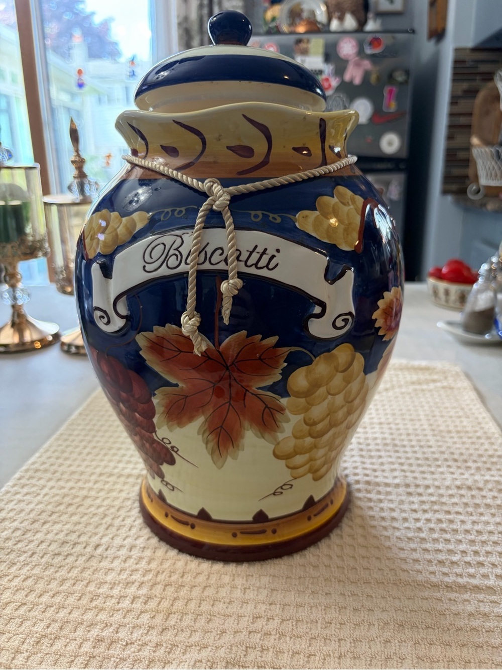 Nonni’s Biscotti Ceramic Jar with Blue, Cream and Gold Accents